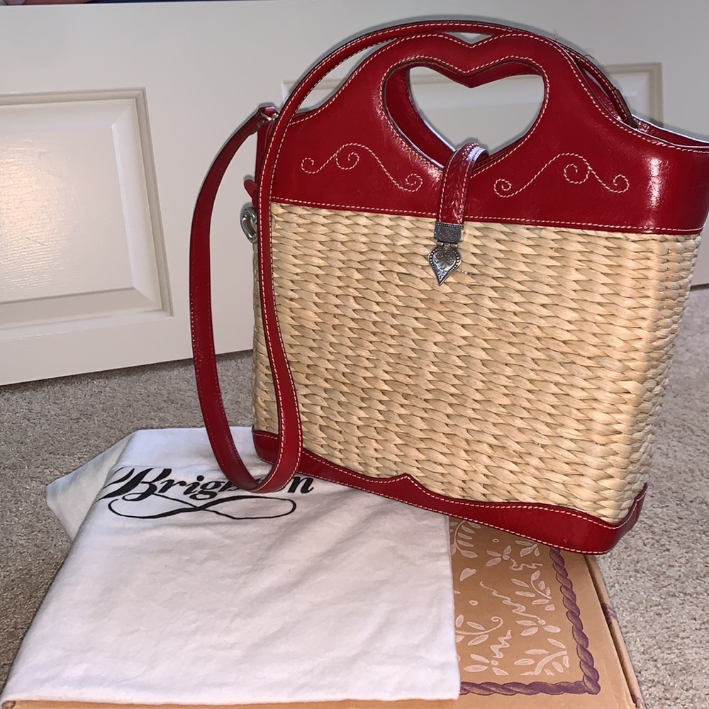 Brighton red Heart Handle Leather & Straw Purse;  box and dustbag included- red